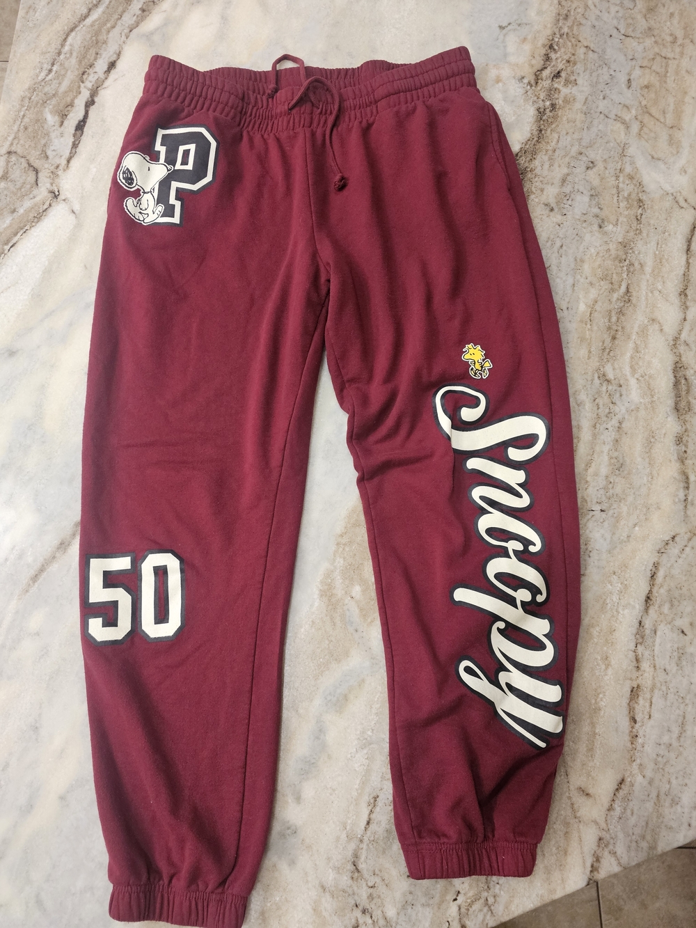 Peanuts Snoopy Sweatpants Women’s XL Burgundy Graphic Joggers Woodstock Lounge
